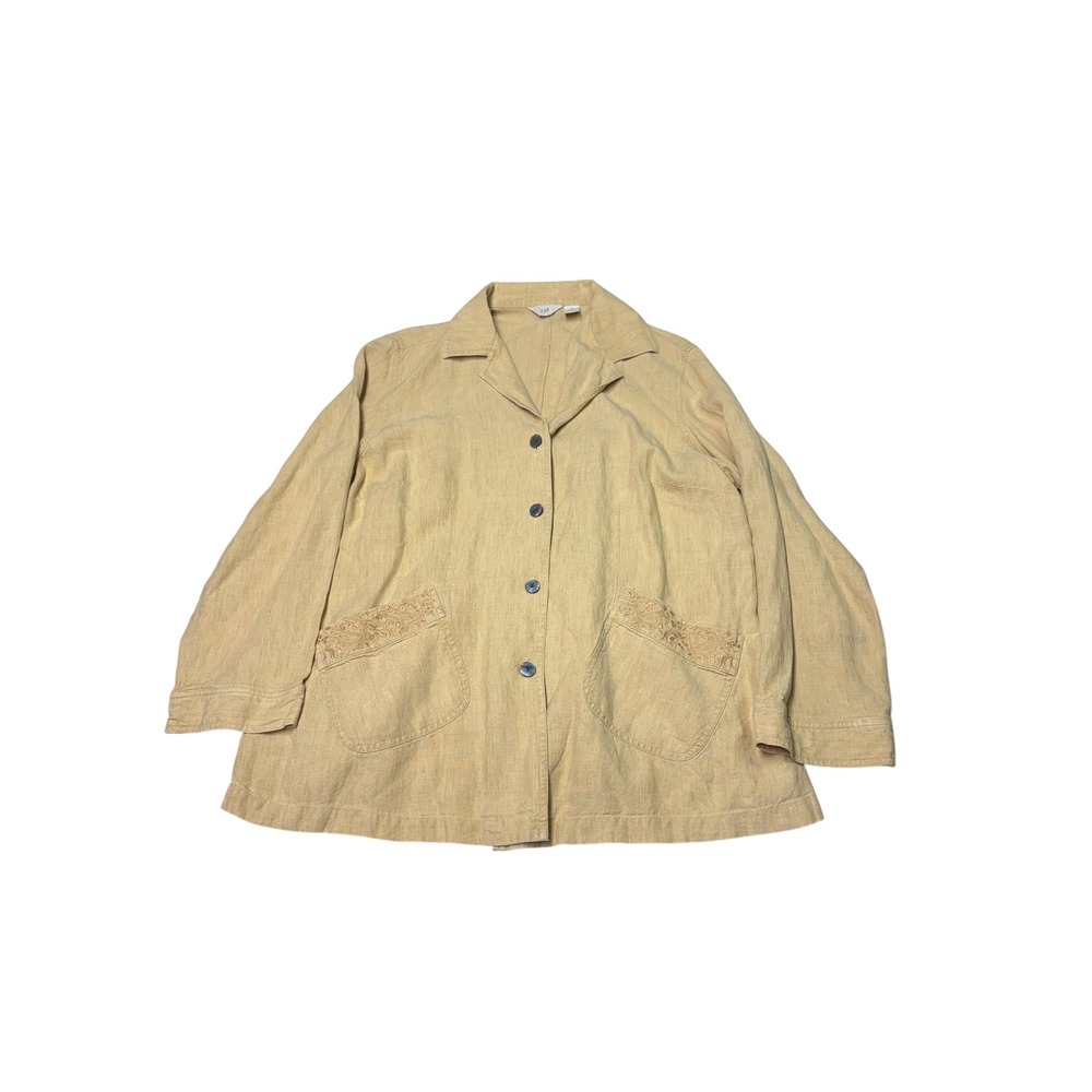 J. Jill Woman Tan 100% Linen Embroidered Button Up Jacket Size 1X 31-4035